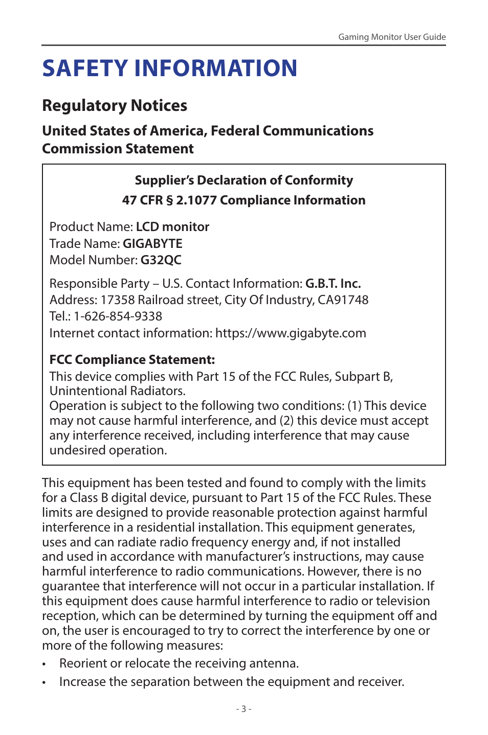 Safety information, Regulatory notices | GIGABYTE G32QC A 31.5" 1440p HDR 165 Hz Curved Gaming Monitor User Manual | Page 3 / 42