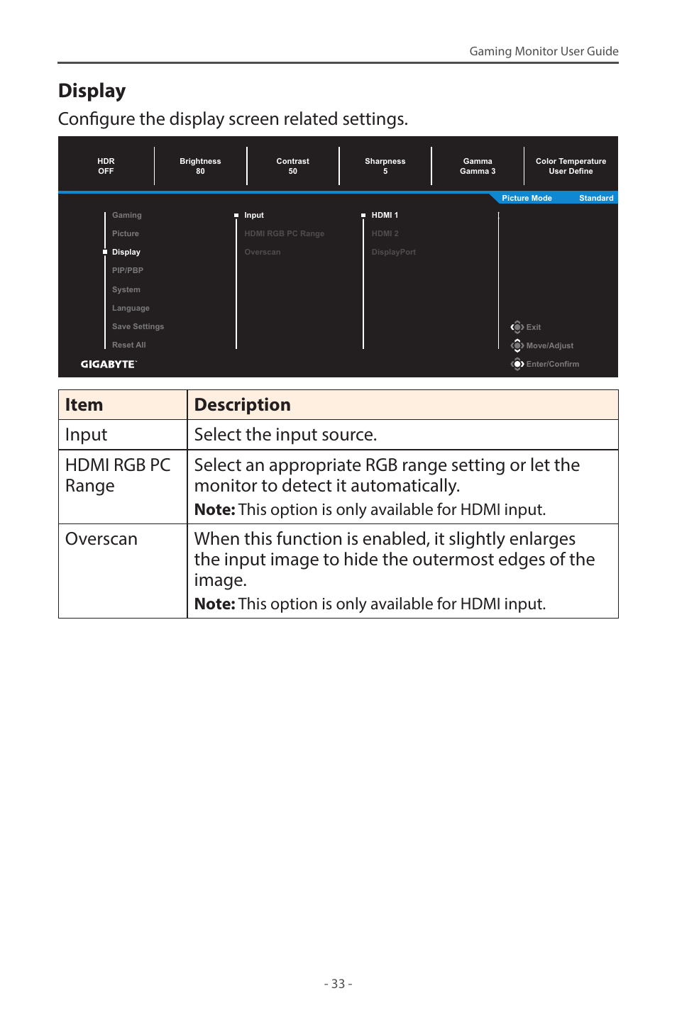 Display, Configure the display screen related settings | GIGABYTE G32QC A 31.5" 1440p HDR 165 Hz Curved Gaming Monitor User Manual | Page 33 / 42