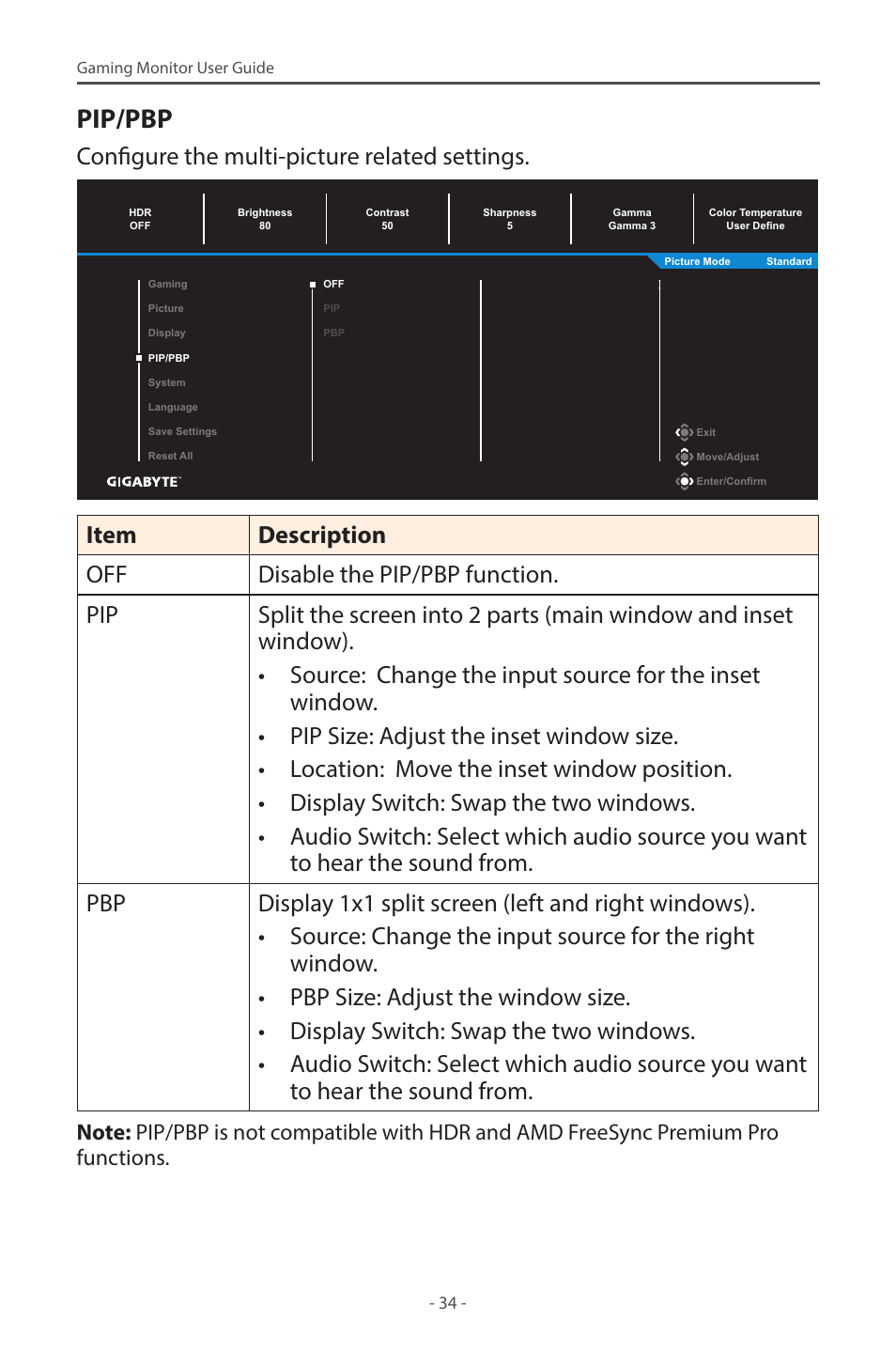 Pip/pbp, Configure the multi-picture related settings | GIGABYTE G32QC A 31.5" 1440p HDR 165 Hz Curved Gaming Monitor User Manual | Page 34 / 42