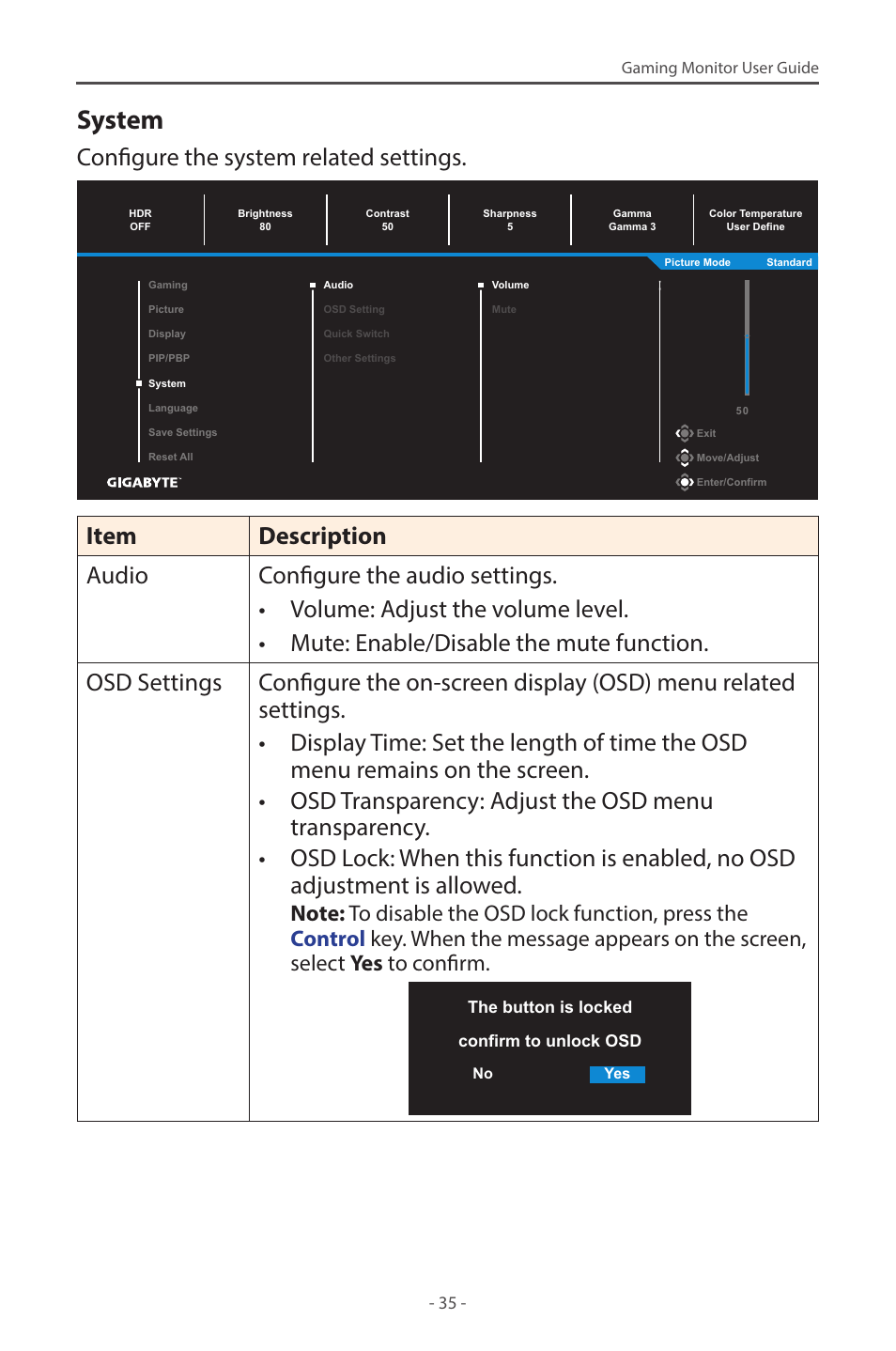 System, Configure the system related settings | GIGABYTE G32QC A 31.5" 1440p HDR 165 Hz Curved Gaming Monitor User Manual | Page 35 / 42