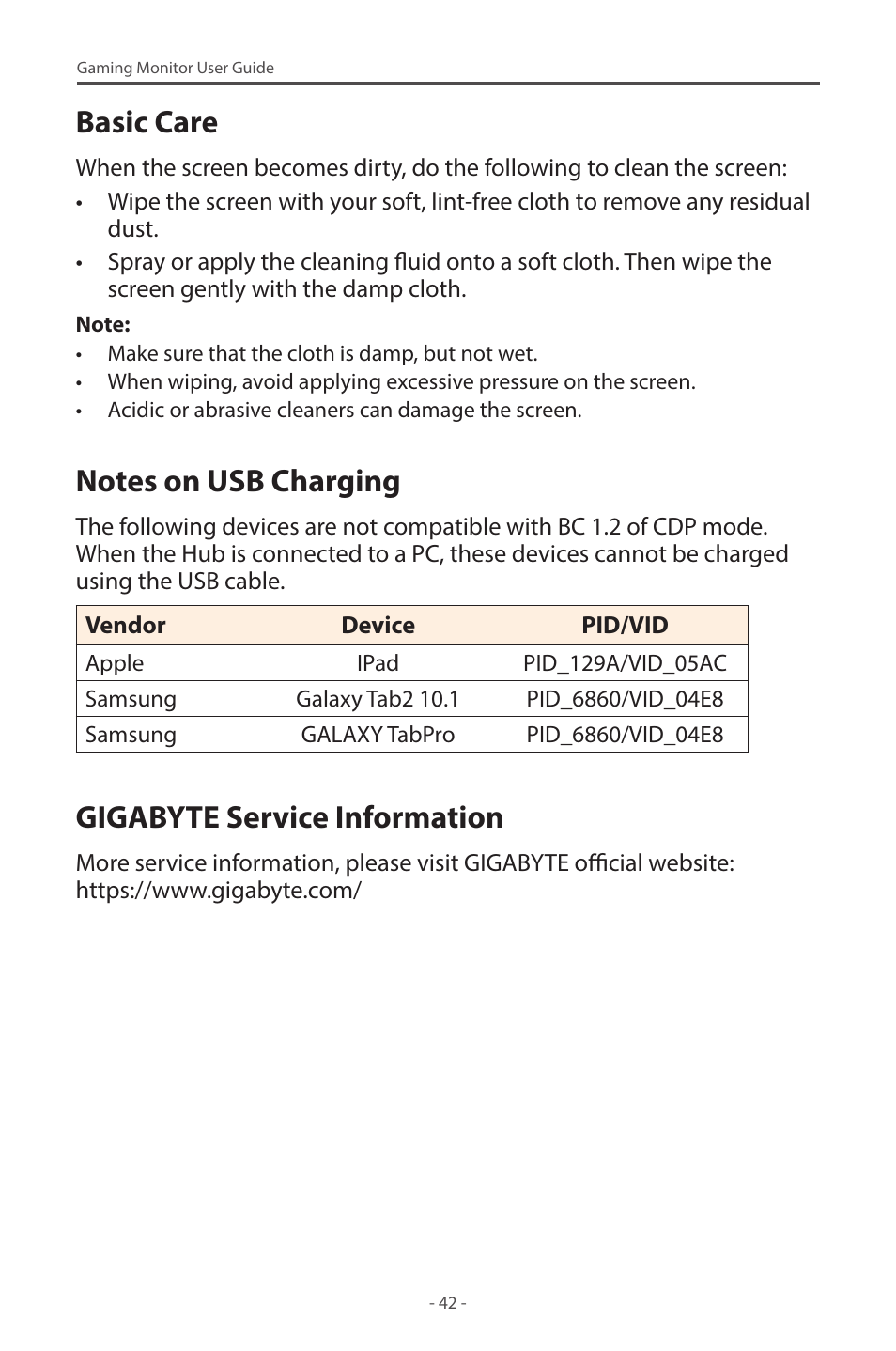Basic care, Notes on usb charging, Gigabyte service information | GIGABYTE G32QC A 31.5" 1440p HDR 165 Hz Curved Gaming Monitor User Manual | Page 42 / 42
