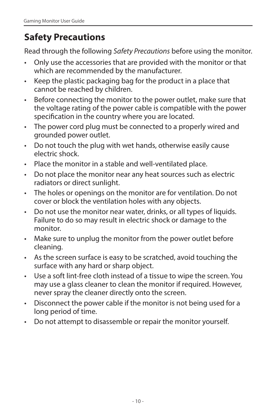 Safety precautions | GIGABYTE M28U 28" 16:9 144 Hz 4K Gaming Monitor User Manual | Page 10 / 45
