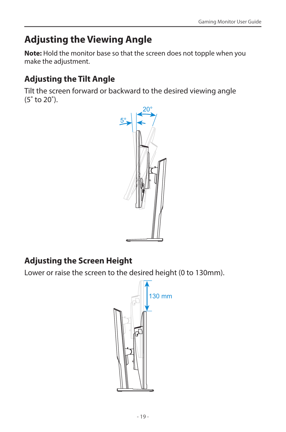 Adjusting the viewing angle, Adjusting the tilt angle, Adjusting the screen height | GIGABYTE M28U 28" 16:9 144 Hz 4K Gaming Monitor User Manual | Page 19 / 45