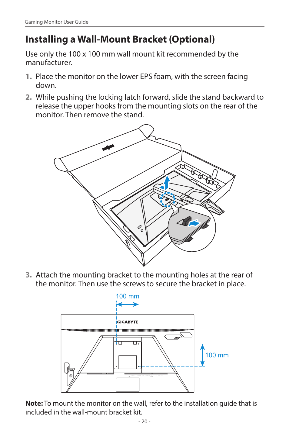 Installing a wall-mount bracket (optional) | GIGABYTE M28U 28" 16:9 144 Hz 4K Gaming Monitor User Manual | Page 20 / 45