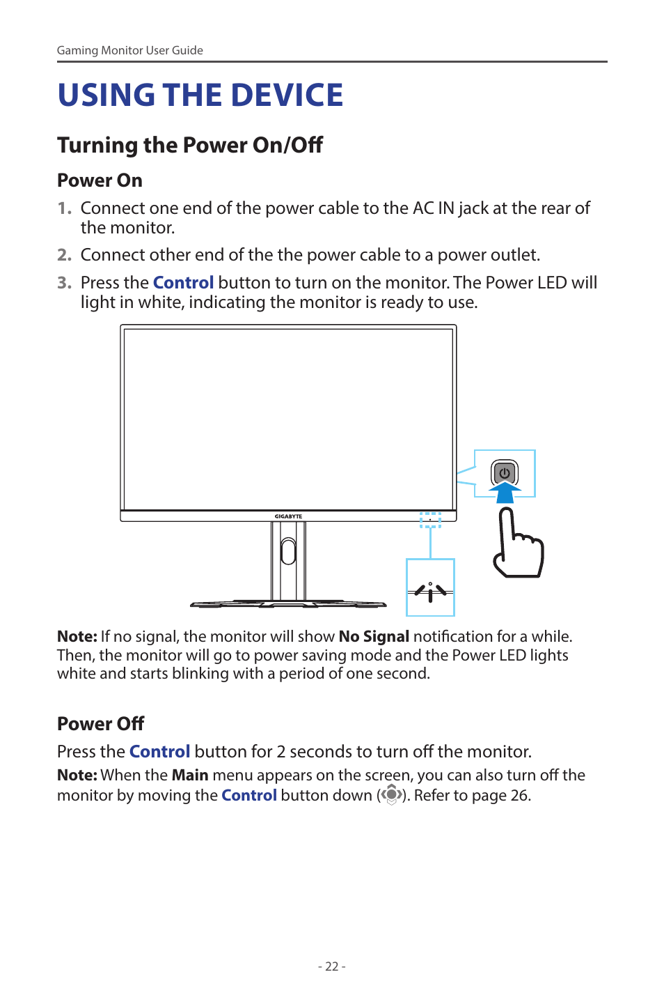 Using the device, Turning the power on/off | GIGABYTE M28U 28" 16:9 144 Hz 4K Gaming Monitor User Manual | Page 22 / 45