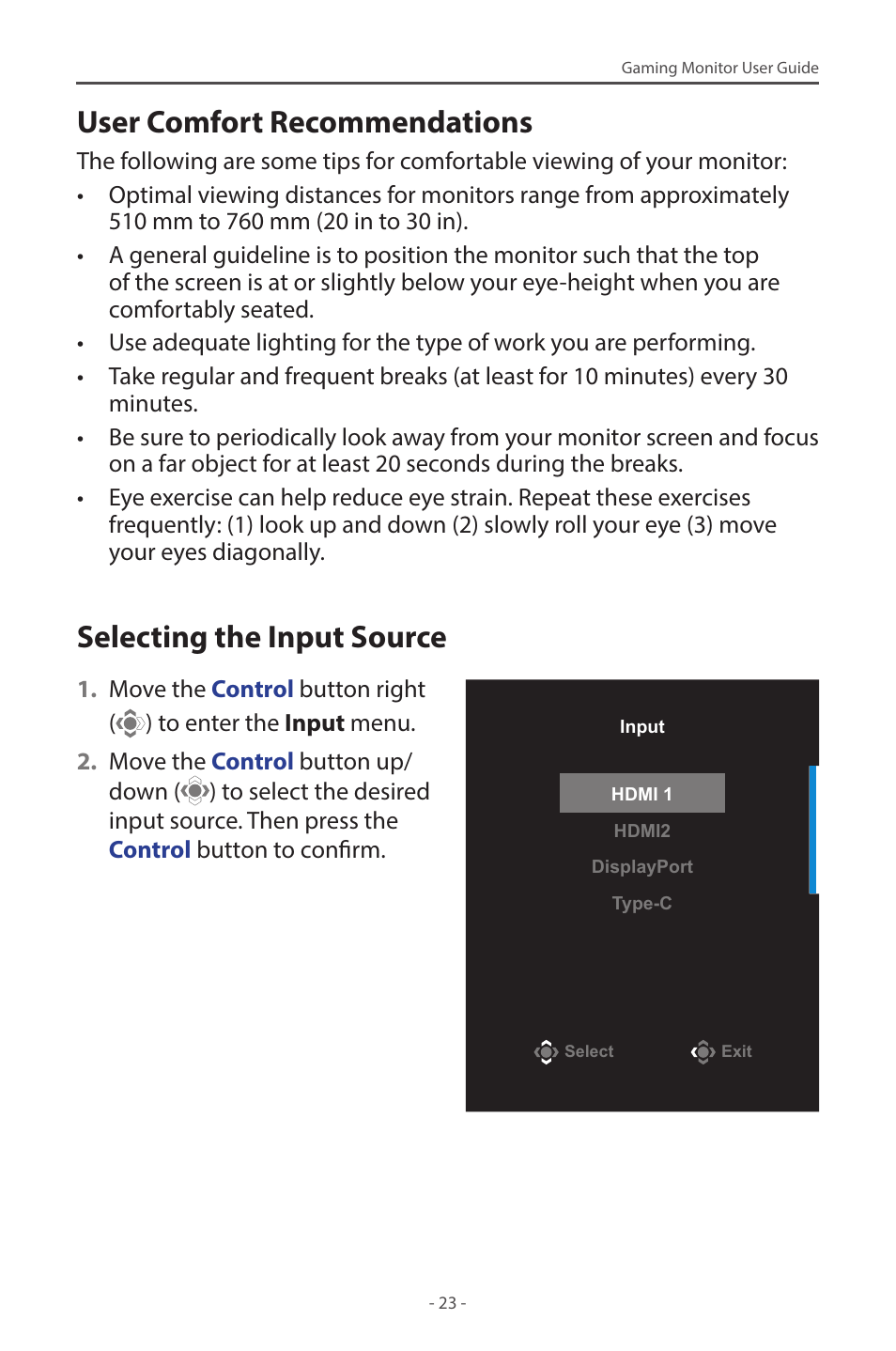 User comfort recommendations, Selecting the input source | GIGABYTE M28U 28" 16:9 144 Hz 4K Gaming Monitor User Manual | Page 23 / 45