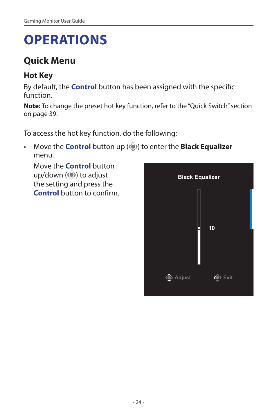 Operations, Quick menu | GIGABYTE M28U 28" 16:9 144 Hz 4K Gaming Monitor User Manual | Page 24 / 45