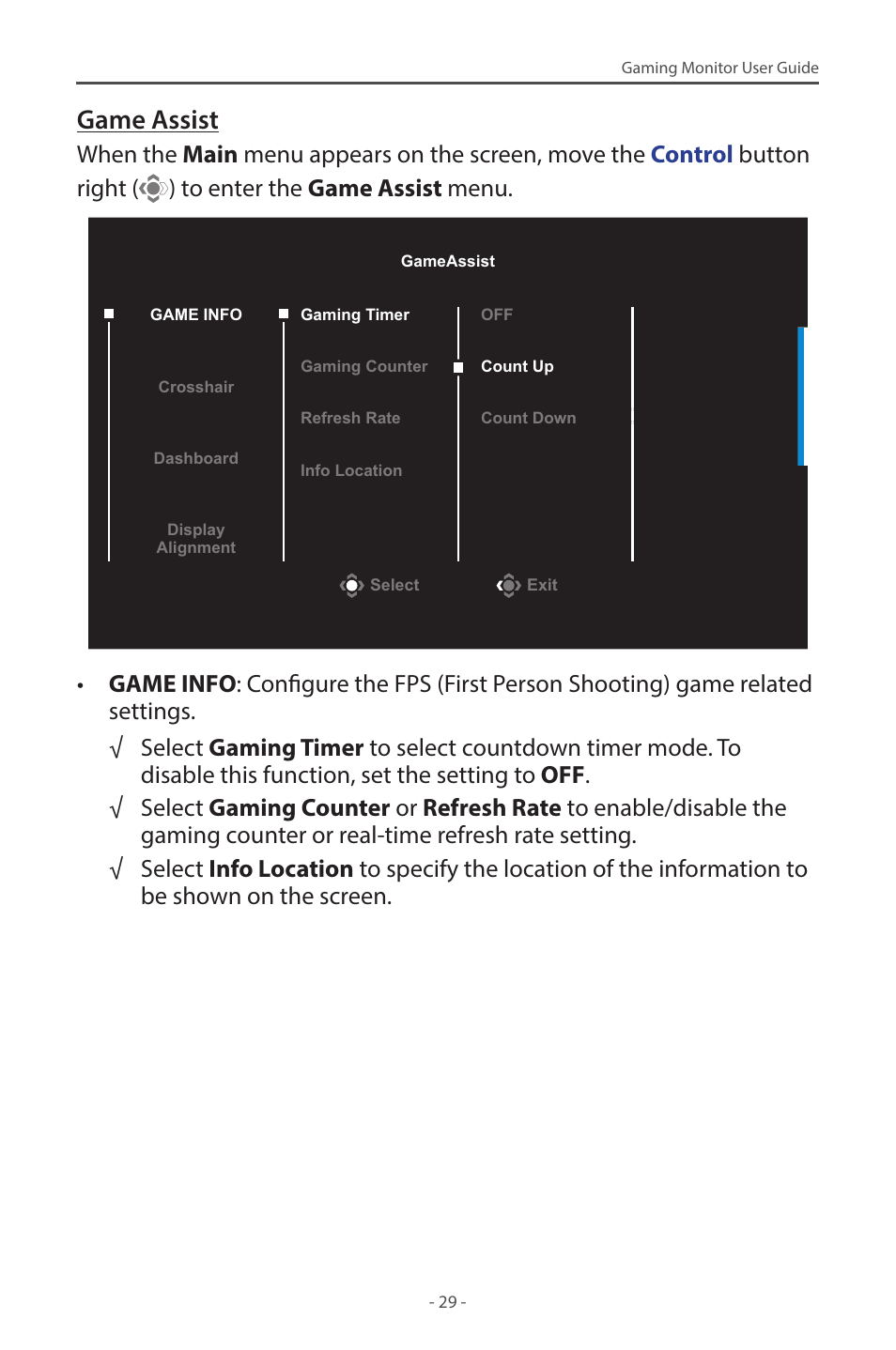 Game assist | GIGABYTE M28U 28" 16:9 144 Hz 4K Gaming Monitor User Manual | Page 29 / 45