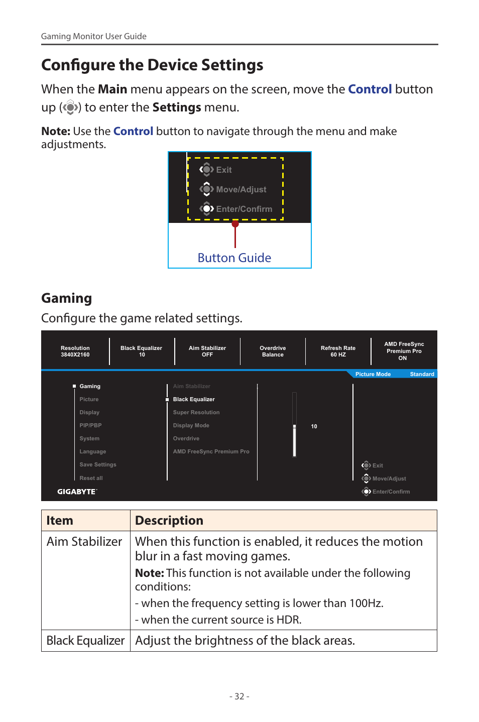 Configure the device settings, Gaming, Button guide | Configure the game related settings | GIGABYTE M28U 28" 16:9 144 Hz 4K Gaming Monitor User Manual | Page 32 / 45