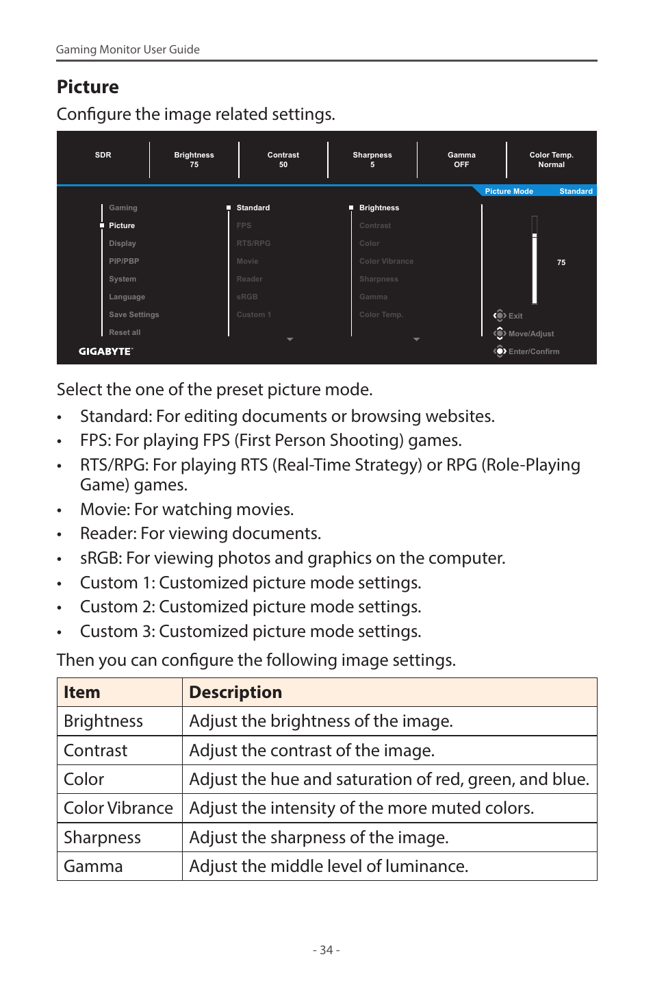 Picture, Configure the image related settings | GIGABYTE M28U 28" 16:9 144 Hz 4K Gaming Monitor User Manual | Page 34 / 45