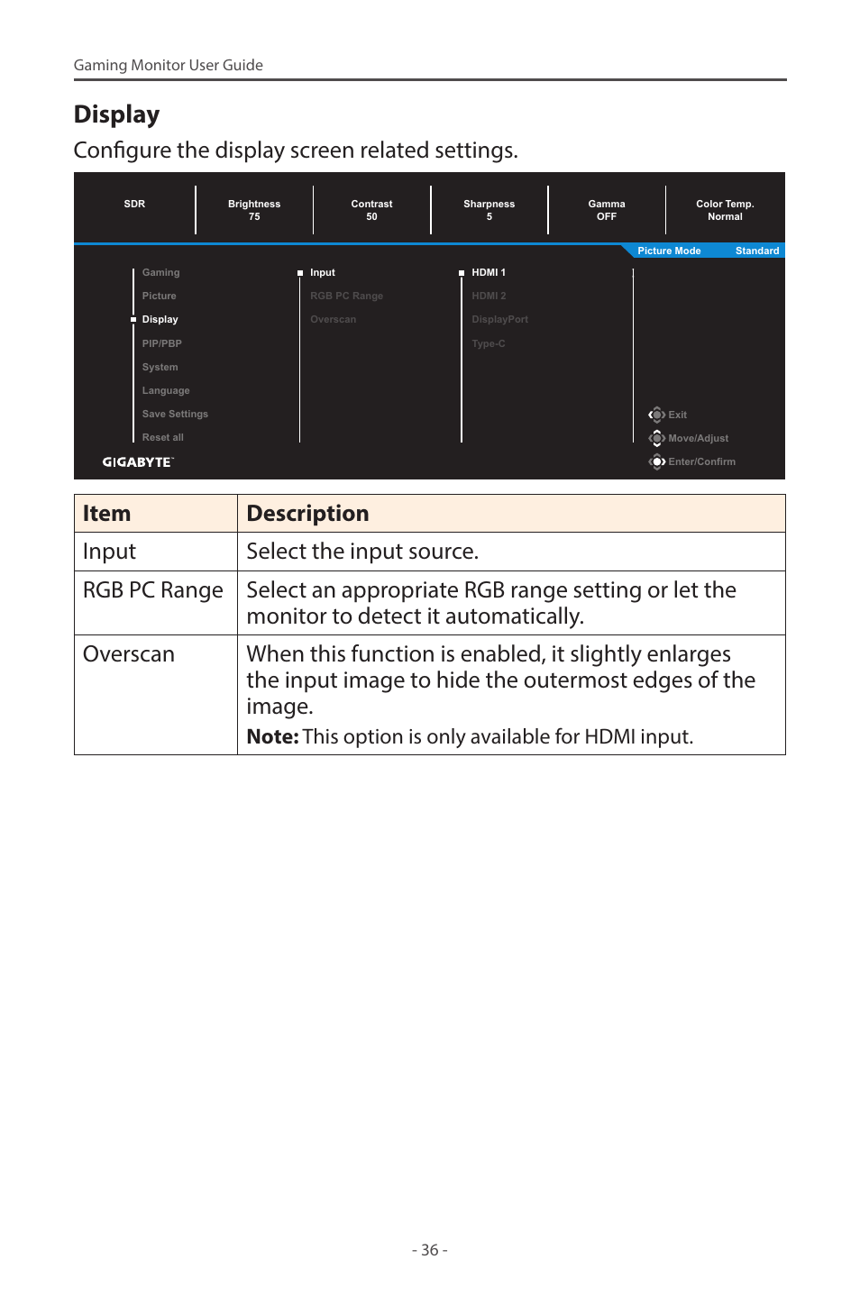 Display, Configure the display screen related settings | GIGABYTE M28U 28" 16:9 144 Hz 4K Gaming Monitor User Manual | Page 36 / 45