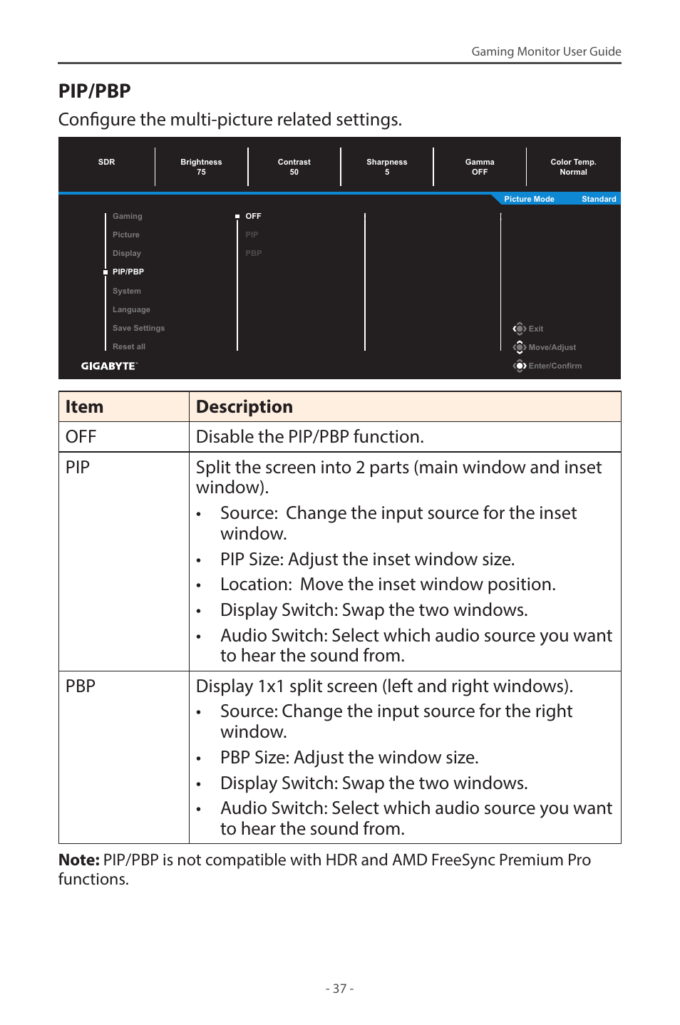 Pip/pbp, Configure the multi-picture related settings | GIGABYTE M28U 28" 16:9 144 Hz 4K Gaming Monitor User Manual | Page 37 / 45