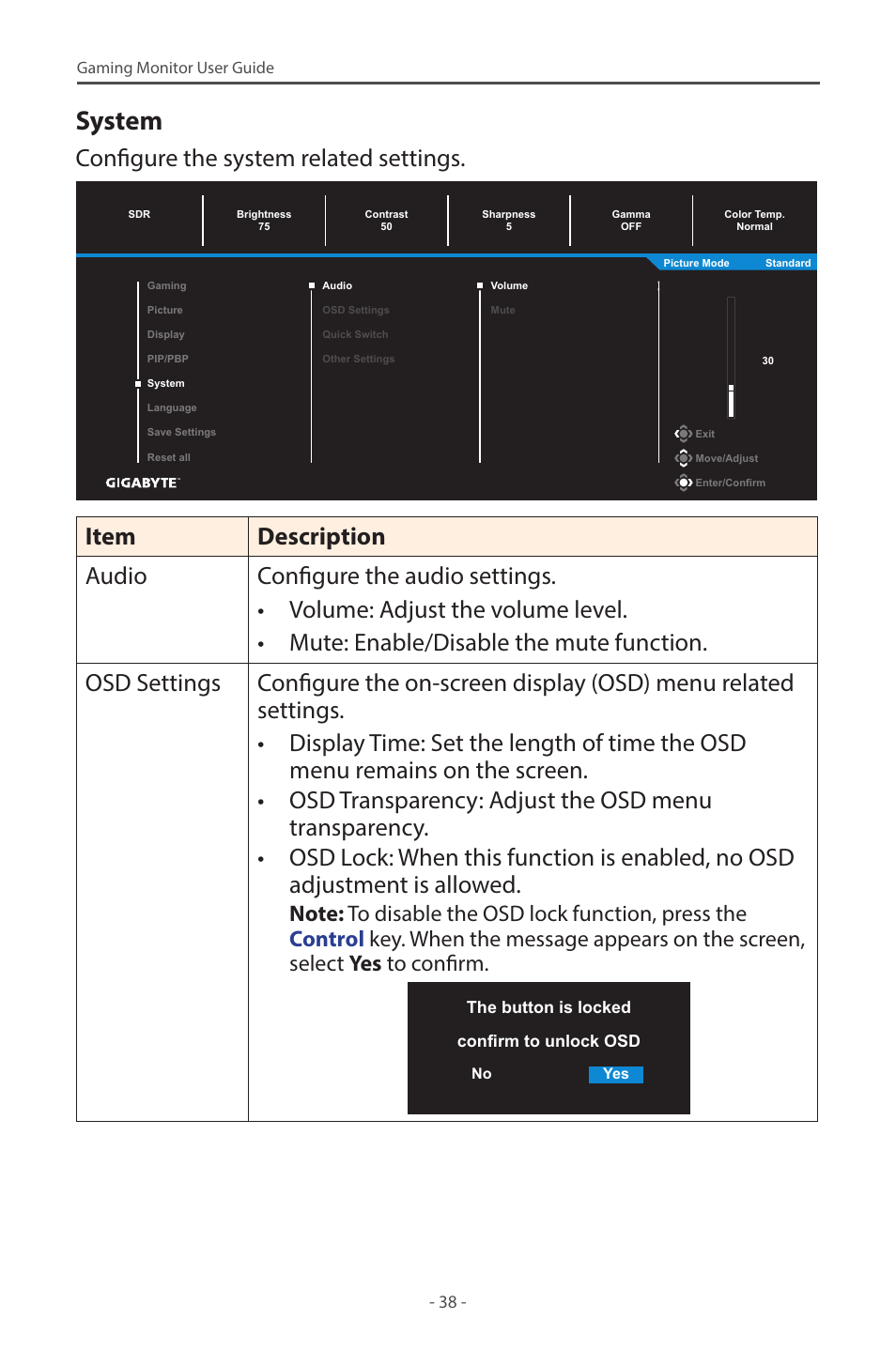 System, Configure the system related settings | GIGABYTE M28U 28" 16:9 144 Hz 4K Gaming Monitor User Manual | Page 38 / 45