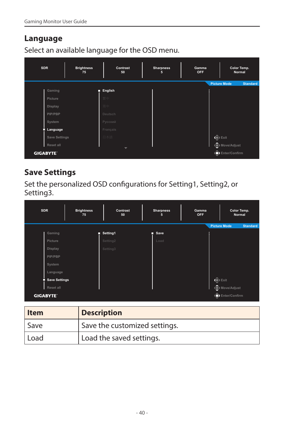 Language, Save settings, Select an available language for the osd menu | Gaming monitor user guide | GIGABYTE M28U 28" 16:9 144 Hz 4K Gaming Monitor User Manual | Page 40 / 45