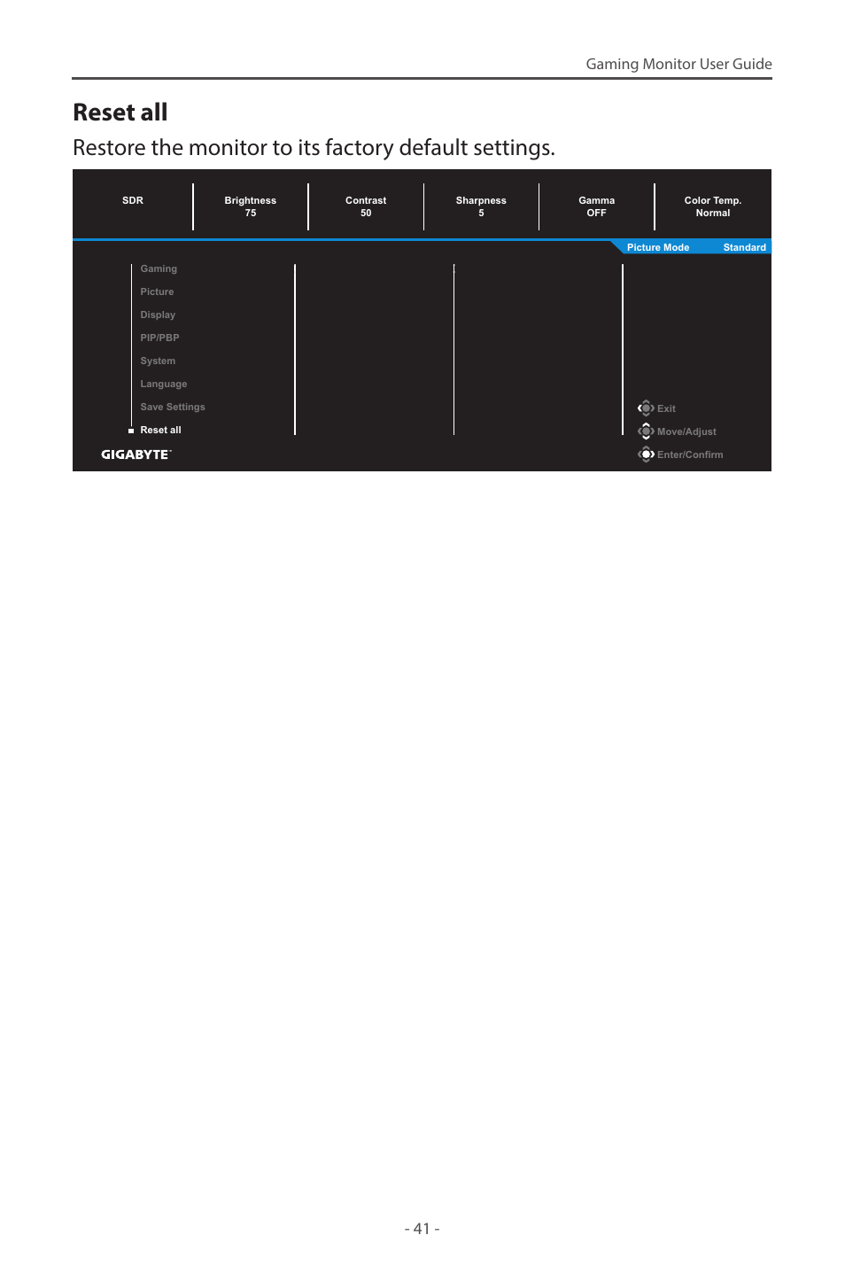 Reset all, Gaming monitor user guide | GIGABYTE M28U 28" 16:9 144 Hz 4K Gaming Monitor User Manual | Page 41 / 45