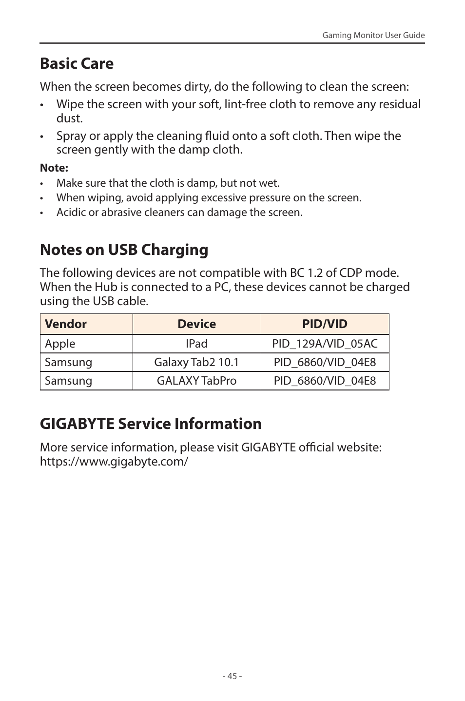 Basic care, Notes on usb charging, Gigabyte service information | GIGABYTE M28U 28" 16:9 144 Hz 4K Gaming Monitor User Manual | Page 45 / 45