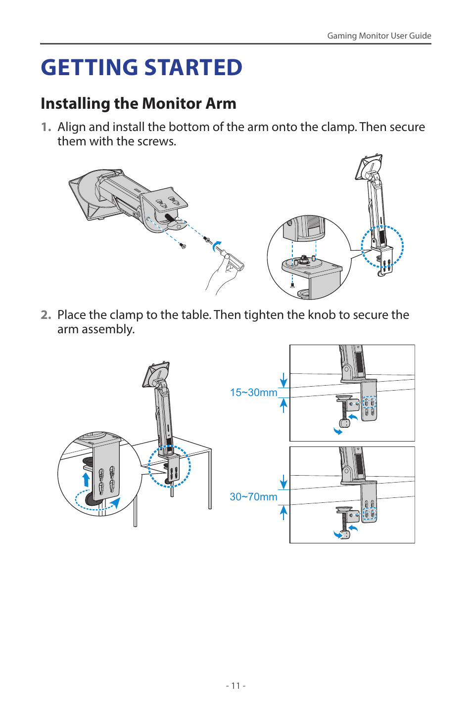Getting started, Installing the monitor arm | GIGABYTE M28U AE-SA 28" 4K HDR 144 Hz Gaming Monitor User Manual | Page 11 / 53