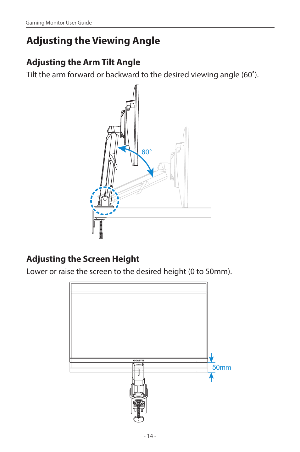 Adjusting the viewing angle, Adjusting the arm tilt angle, Adjusting the screen height | GIGABYTE M28U AE-SA 28" 4K HDR 144 Hz Gaming Monitor User Manual | Page 14 / 53