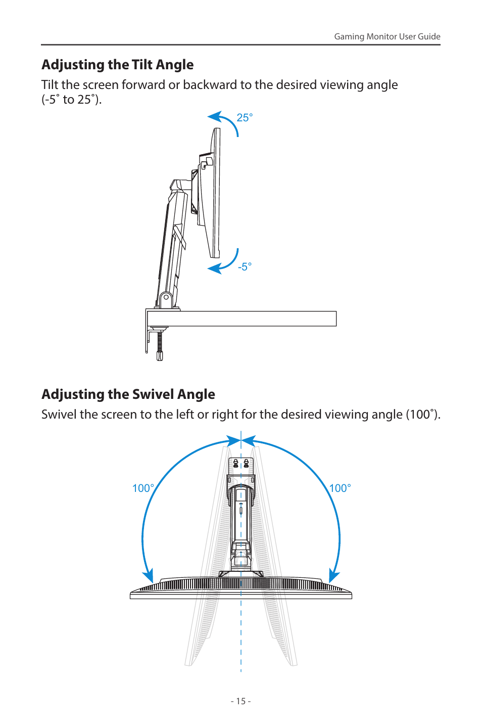 Adjusting the tilt angle, Adjusting the swivel angle | GIGABYTE M28U AE-SA 28" 4K HDR 144 Hz Gaming Monitor User Manual | Page 15 / 53