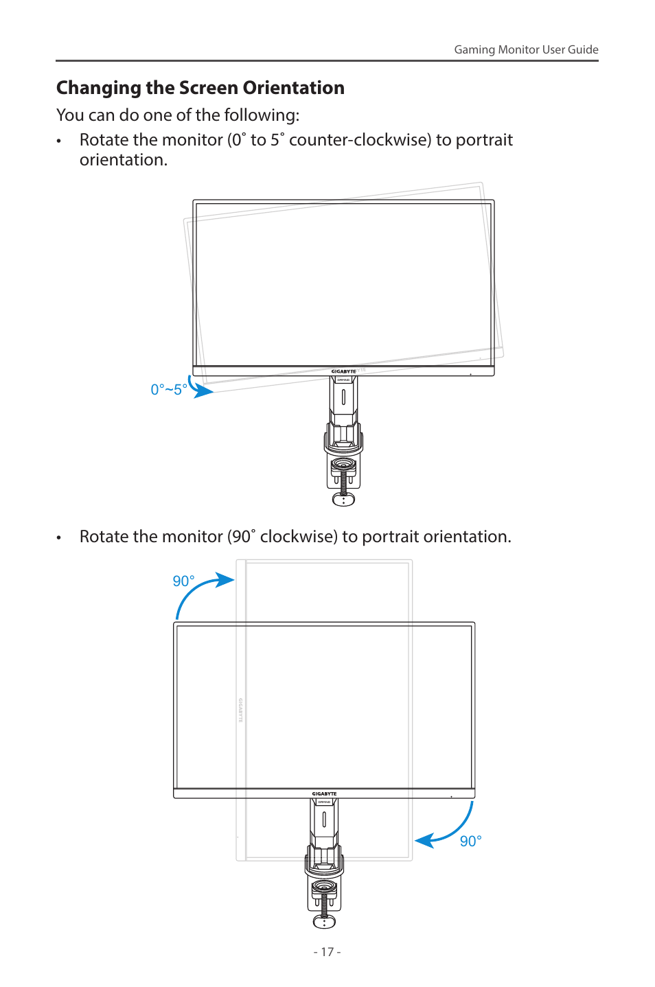 Changing the screen orientation | GIGABYTE M28U AE-SA 28" 4K HDR 144 Hz Gaming Monitor User Manual | Page 17 / 53