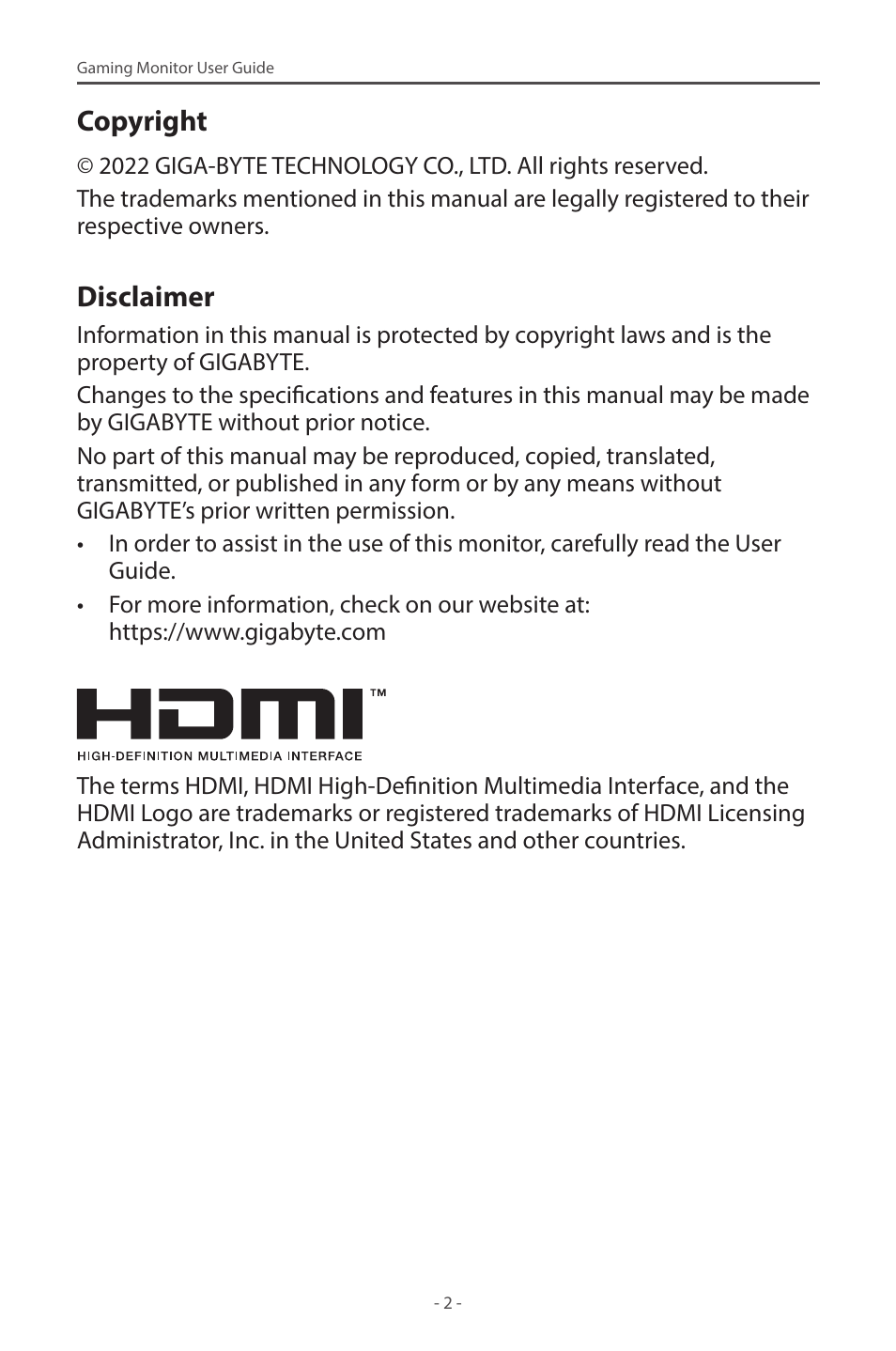 Copyright, Disclaimer | GIGABYTE M28U AE-SA 28" 4K HDR 144 Hz Gaming Monitor User Manual | Page 2 / 53