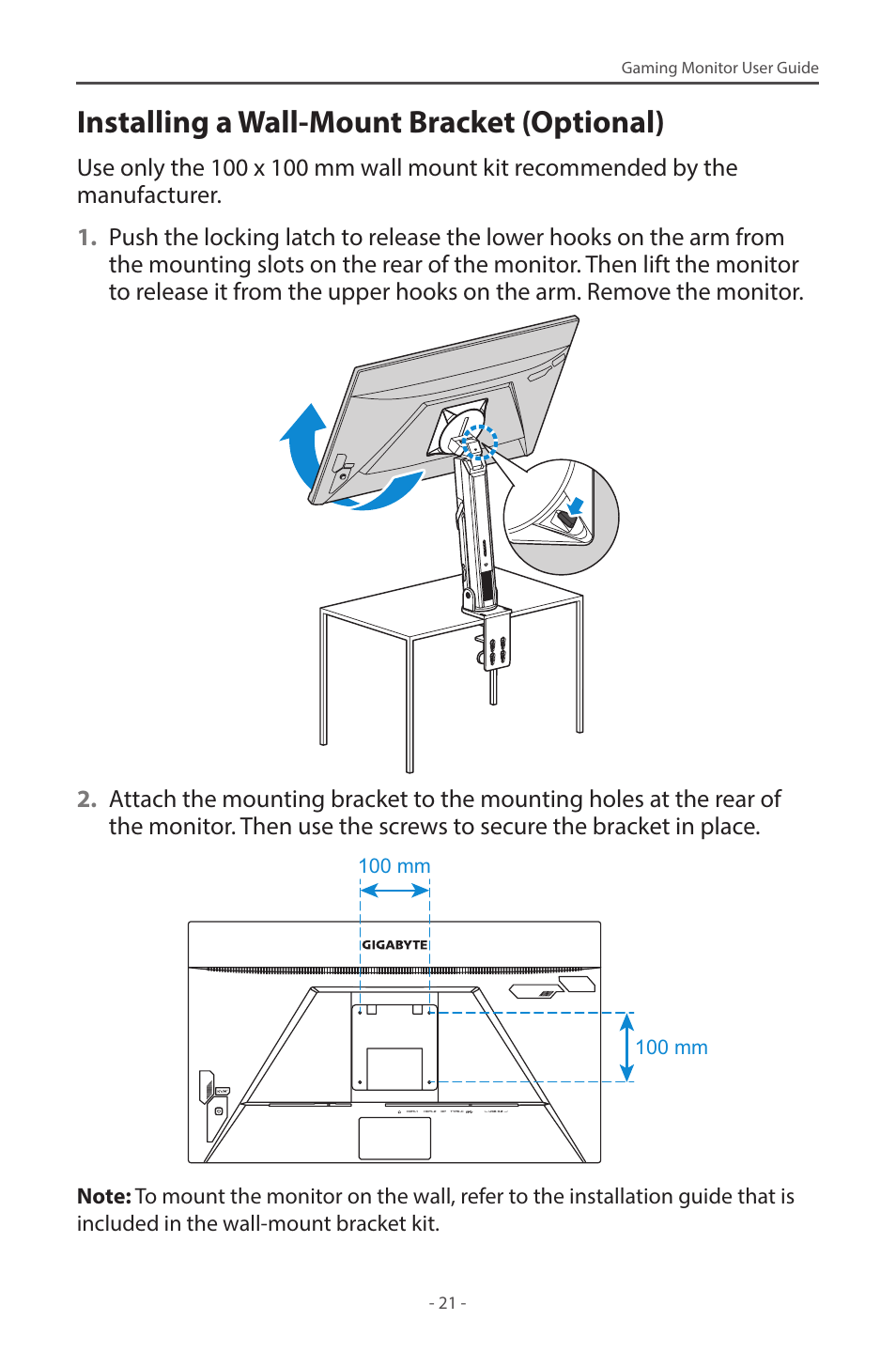 Installing a wall-mount bracket (optional) | GIGABYTE M28U AE-SA 28" 4K HDR 144 Hz Gaming Monitor User Manual | Page 21 / 53