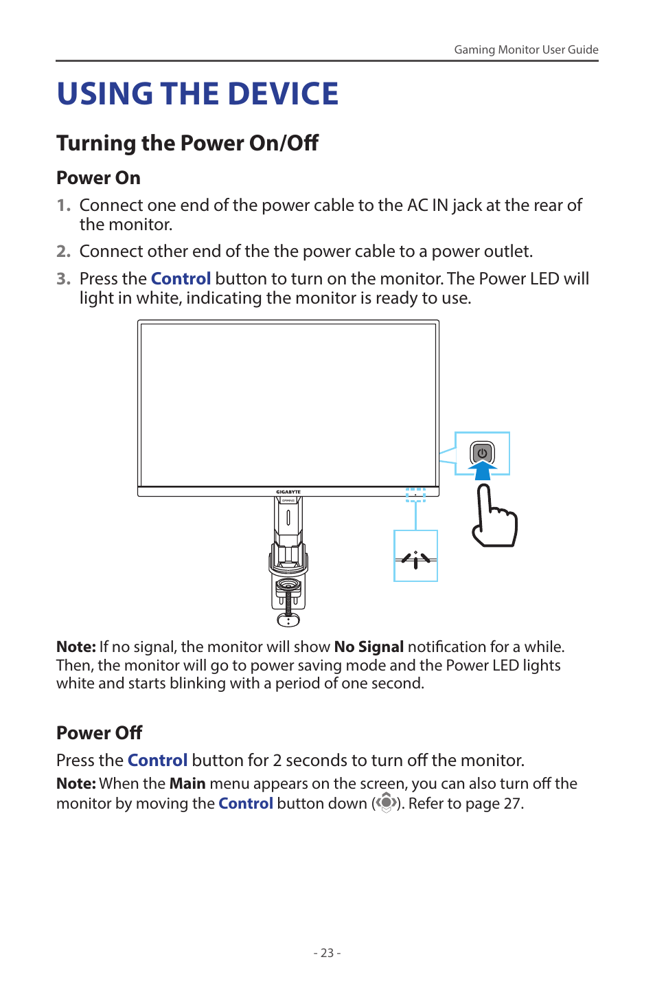 Using the device, Turning the power on/off | GIGABYTE M28U AE-SA 28" 4K HDR 144 Hz Gaming Monitor User Manual | Page 23 / 53