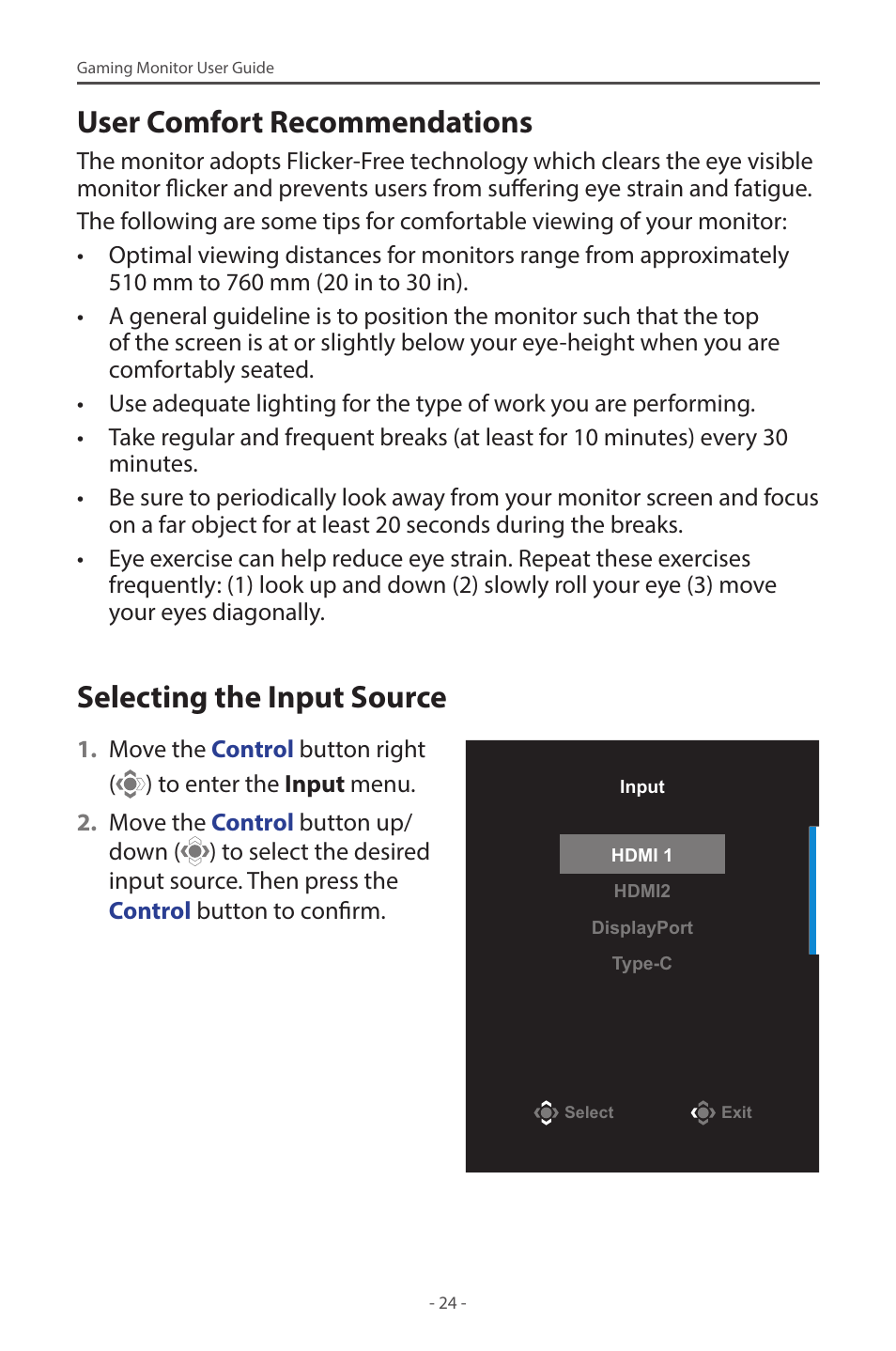 User comfort recommendations, Selecting the input source | GIGABYTE M28U AE-SA 28" 4K HDR 144 Hz Gaming Monitor User Manual | Page 24 / 53