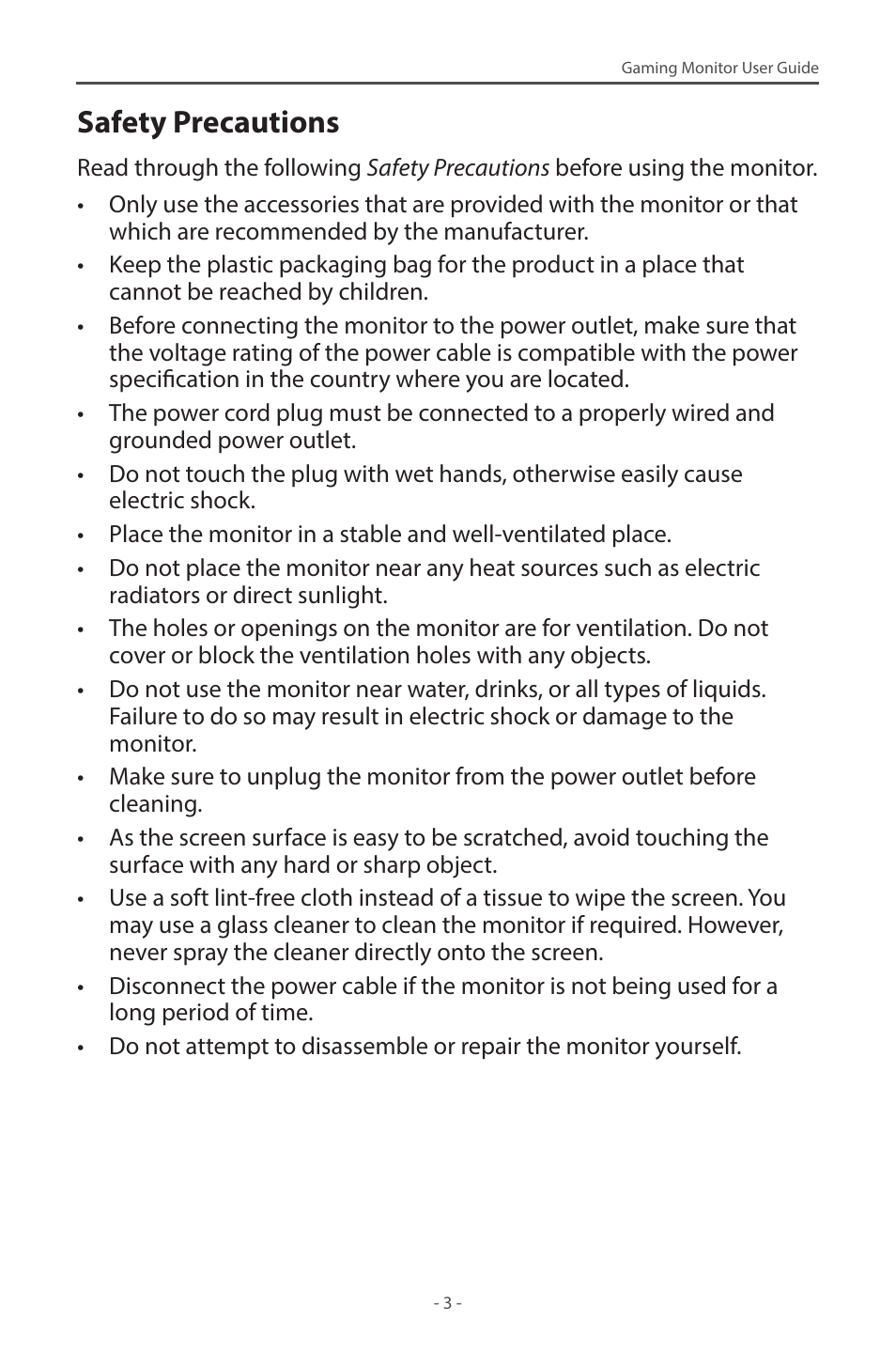 Safety precautions | GIGABYTE M28U AE-SA 28" 4K HDR 144 Hz Gaming Monitor User Manual | Page 3 / 53