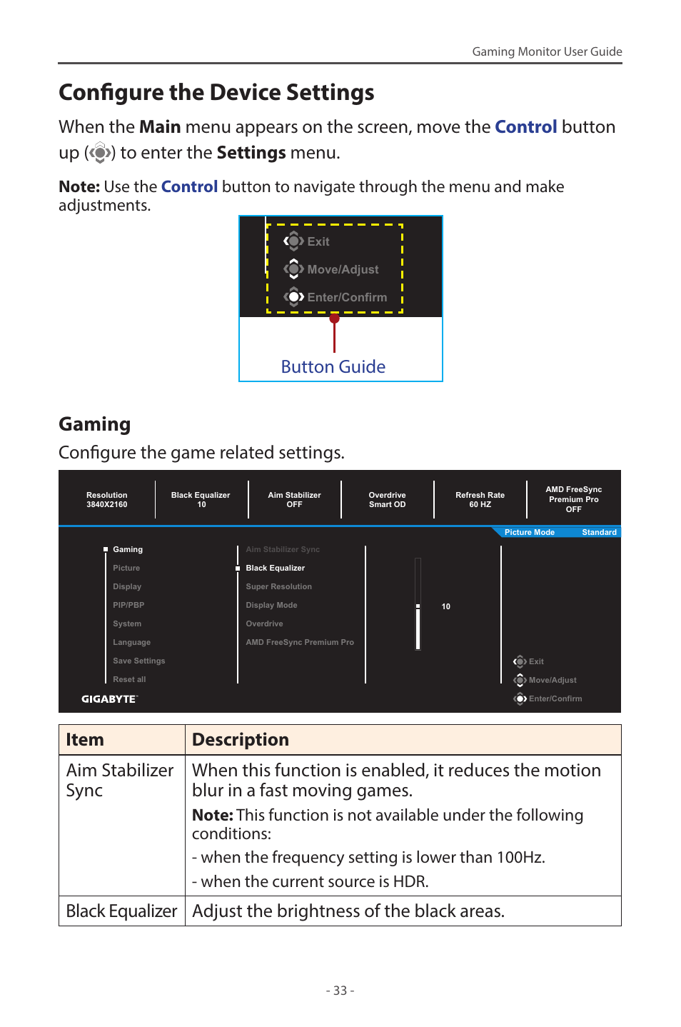Configure the device settings, Gaming, Button guide | Configure the game related settings | GIGABYTE M28U AE-SA 28" 4K HDR 144 Hz Gaming Monitor User Manual | Page 33 / 53