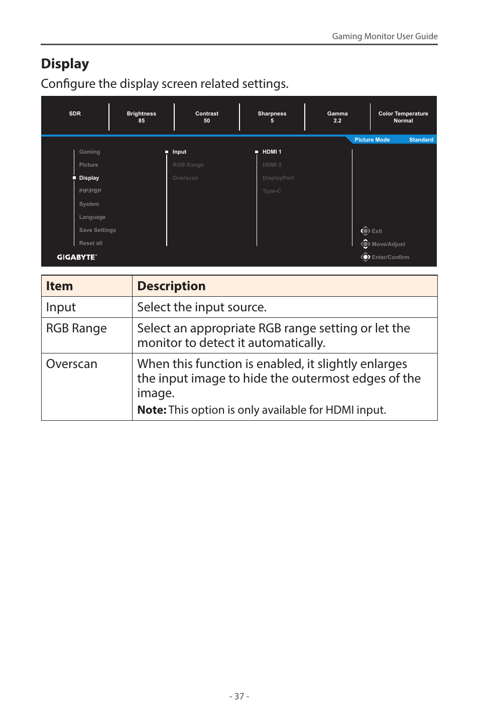 Display, Configure the display screen related settings | GIGABYTE M28U AE-SA 28" 4K HDR 144 Hz Gaming Monitor User Manual | Page 37 / 53