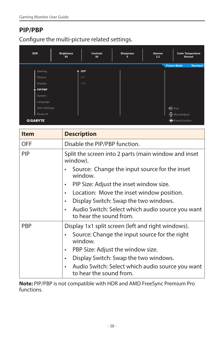 Pip/pbp, Configure the multi-picture related settings | GIGABYTE M28U AE-SA 28" 4K HDR 144 Hz Gaming Monitor User Manual | Page 38 / 53