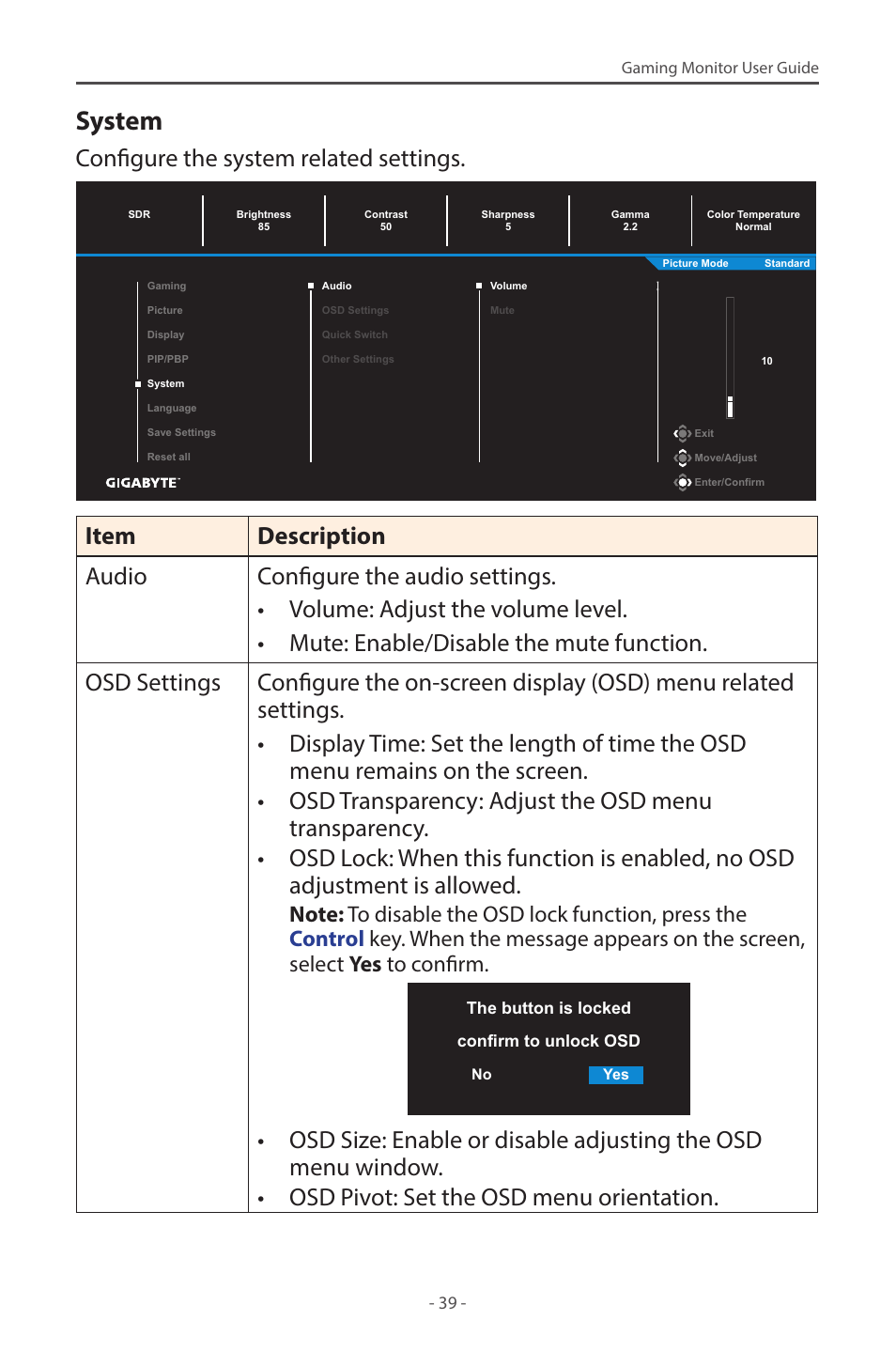 System, Configure the system related settings | GIGABYTE M28U AE-SA 28" 4K HDR 144 Hz Gaming Monitor User Manual | Page 39 / 53