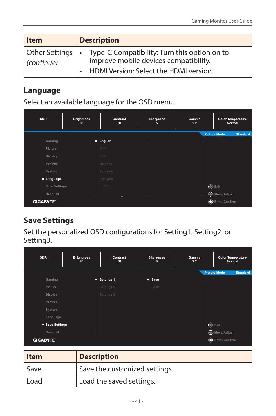 Language, Save settings, Select an available language for the osd menu | GIGABYTE M28U AE-SA 28" 4K HDR 144 Hz Gaming Monitor User Manual | Page 41 / 53