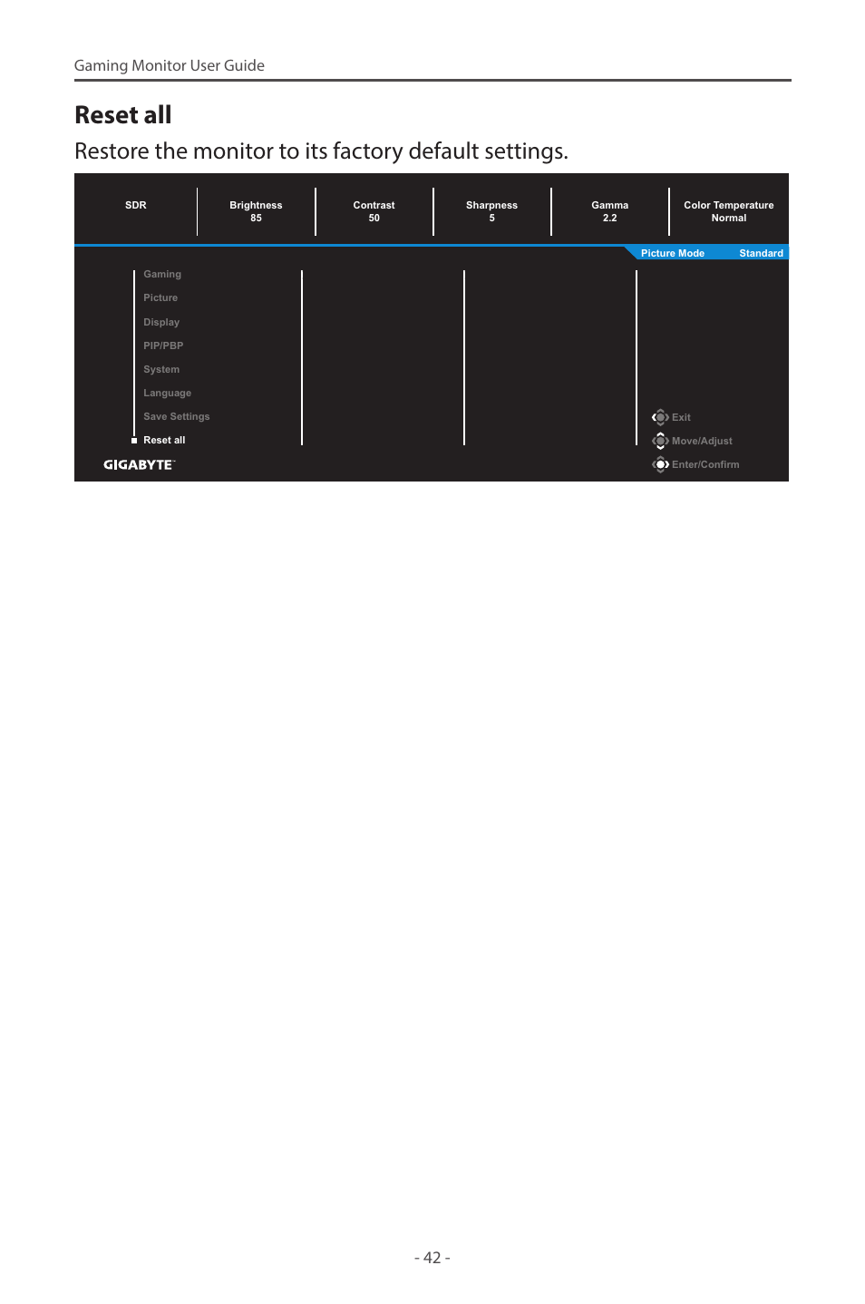 Reset all, Gaming monitor user guide | GIGABYTE M28U AE-SA 28" 4K HDR 144 Hz Gaming Monitor User Manual | Page 42 / 53