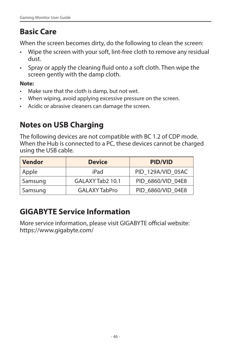 Basic care, Notes on usb charging, Gigabyte service information | GIGABYTE M28U AE-SA 28" 4K HDR 144 Hz Gaming Monitor User Manual | Page 46 / 53
