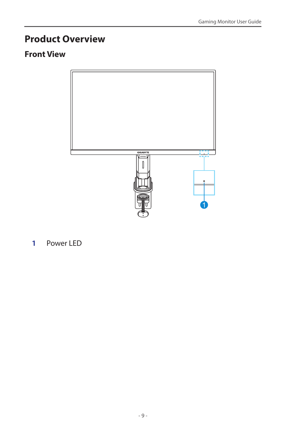 Product overview, Front view, 1power led | GIGABYTE M28U AE-SA 28" 4K HDR 144 Hz Gaming Monitor User Manual | Page 9 / 53