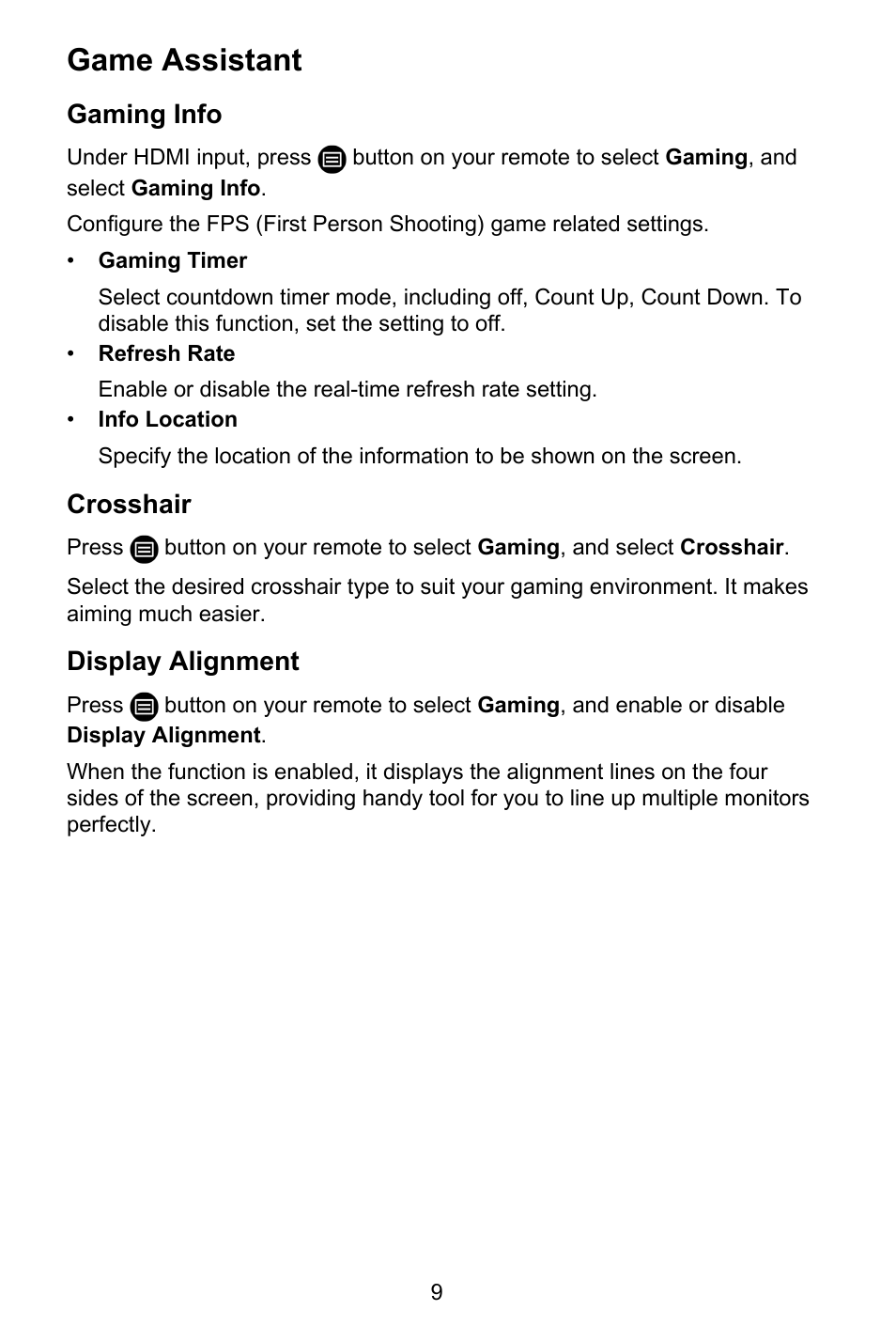 Game assistant, Gaming info, Crosshair | Display alignment | GIGABYTE S55U 54.6" 3840 x 2160 HDR 120 Hz Gaming Monitor User Manual | Page 10 / 46
