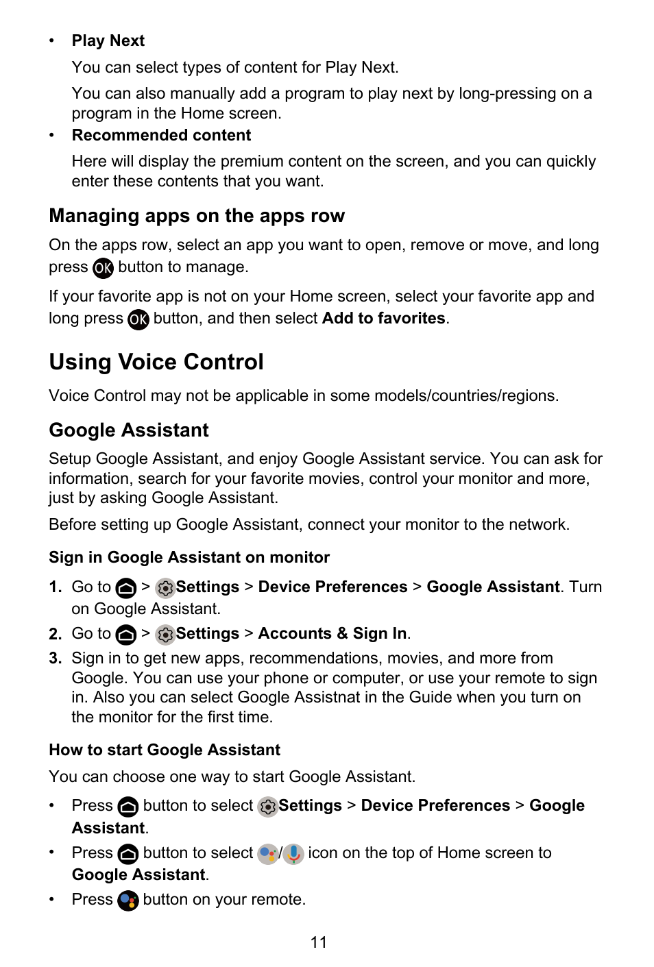 Managing apps on the apps row, Using voice control, Google assistant | Sign in google assistant on monitor, How to start google assistant | GIGABYTE S55U 54.6" 3840 x 2160 HDR 120 Hz Gaming Monitor User Manual | Page 12 / 46