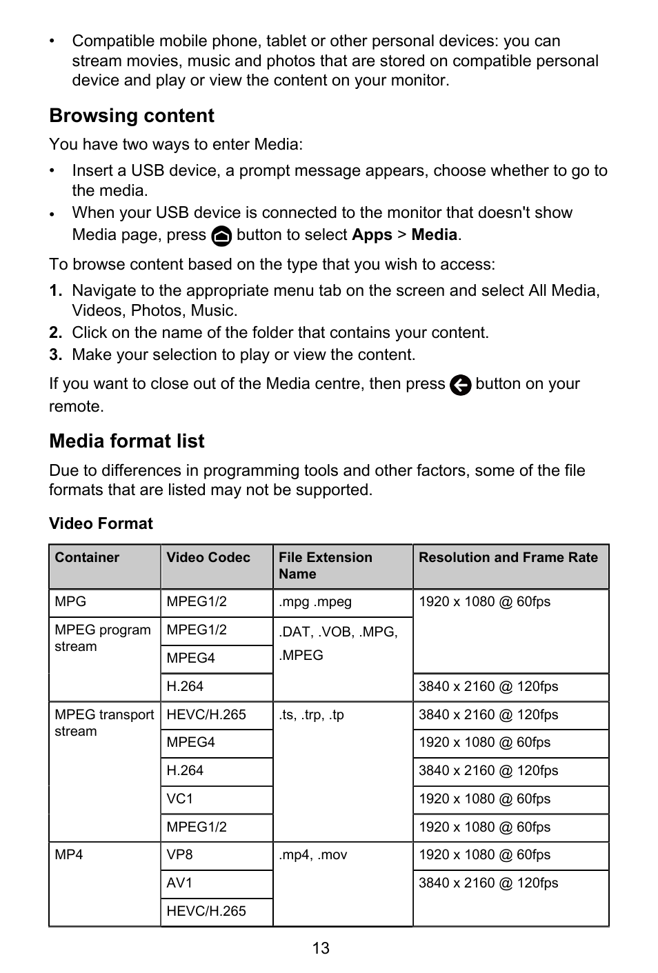 Browsing content, Media format list, Video format | GIGABYTE S55U 54.6" 3840 x 2160 HDR 120 Hz Gaming Monitor User Manual | Page 14 / 46