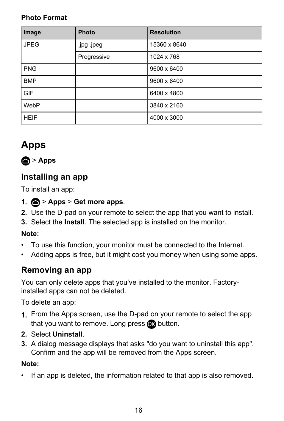 Photo format, Apps, Installing an app | Removing an app | GIGABYTE S55U 54.6" 3840 x 2160 HDR 120 Hz Gaming Monitor User Manual | Page 17 / 46