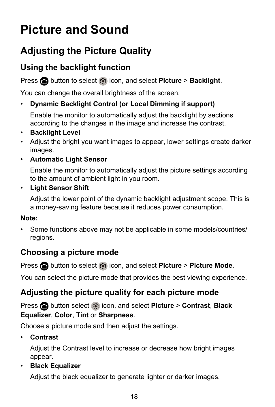 Picture and sound, Adjusting the picture quality, Using the backlight function | Choosing a picture mode | GIGABYTE S55U 54.6" 3840 x 2160 HDR 120 Hz Gaming Monitor User Manual | Page 19 / 46