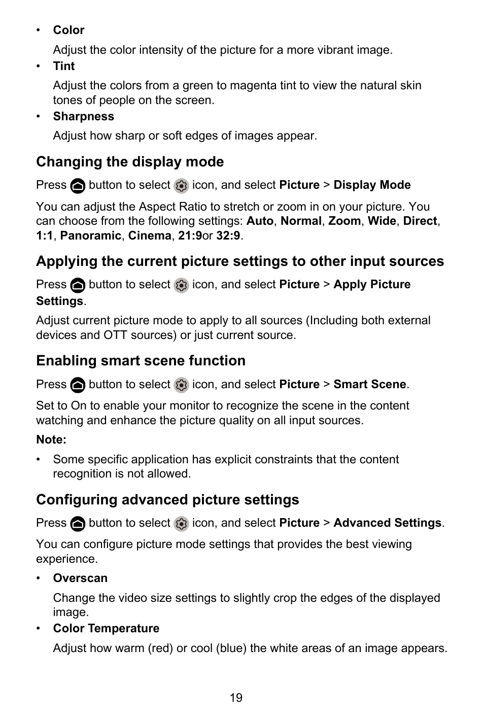Changing the display mode, Enabling smart scene function, Configuring advanced picture settings | GIGABYTE S55U 54.6" 3840 x 2160 HDR 120 Hz Gaming Monitor User Manual | Page 20 / 46