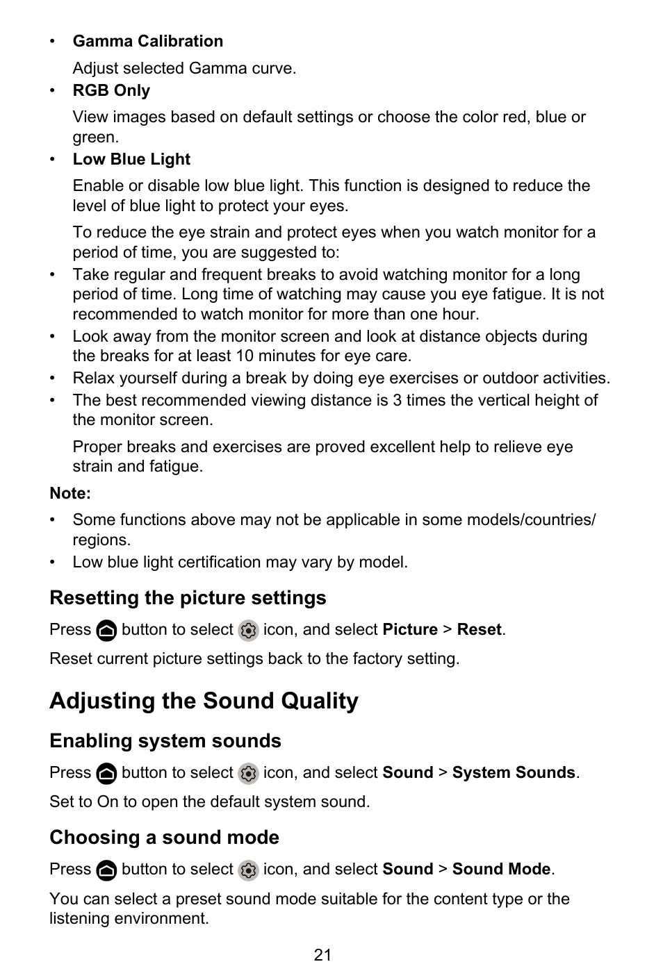 Resetting the picture settings, Adjusting the sound quality, Enabling system sounds | Choosing a sound mode | GIGABYTE S55U 54.6" 3840 x 2160 HDR 120 Hz Gaming Monitor User Manual | Page 22 / 46