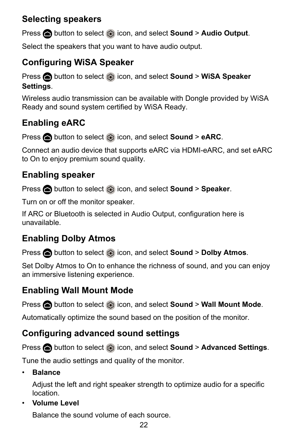 Selecting speakers, Configuring wisa speaker, Enabling earc | Enabling speaker, Enabling dolby atmos, Enabling wall mount mode, Configuring advanced sound settings | GIGABYTE S55U 54.6" 3840 x 2160 HDR 120 Hz Gaming Monitor User Manual | Page 23 / 46