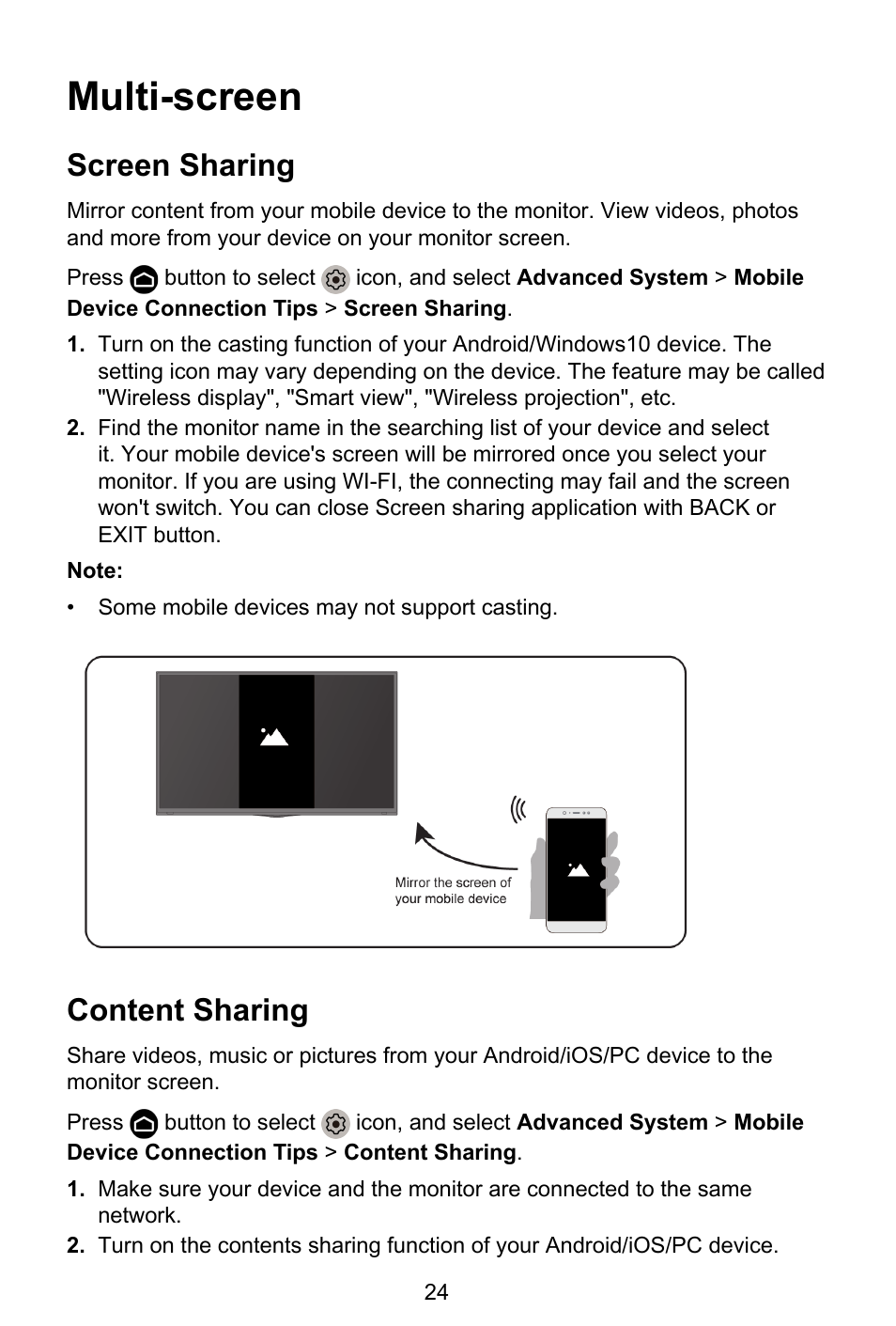 Multi-screen, Screen sharing, Content sharing | Screen sharing content sharing | GIGABYTE S55U 54.6" 3840 x 2160 HDR 120 Hz Gaming Monitor User Manual | Page 25 / 46