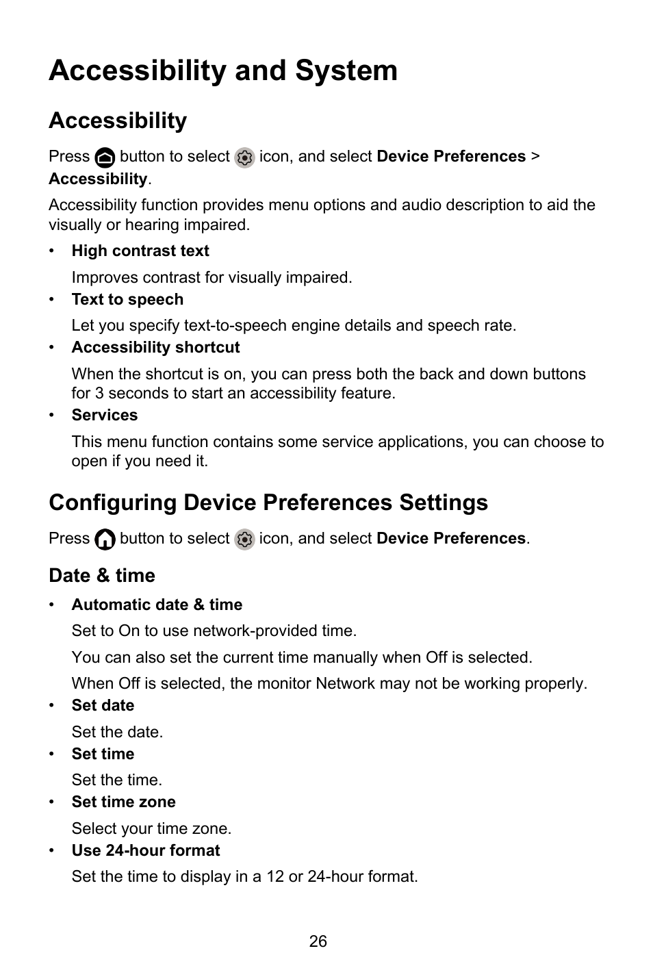 Accessibility and system, Accessibility, Configuring device preferences settings | Date & time | GIGABYTE S55U 54.6" 3840 x 2160 HDR 120 Hz Gaming Monitor User Manual | Page 27 / 46