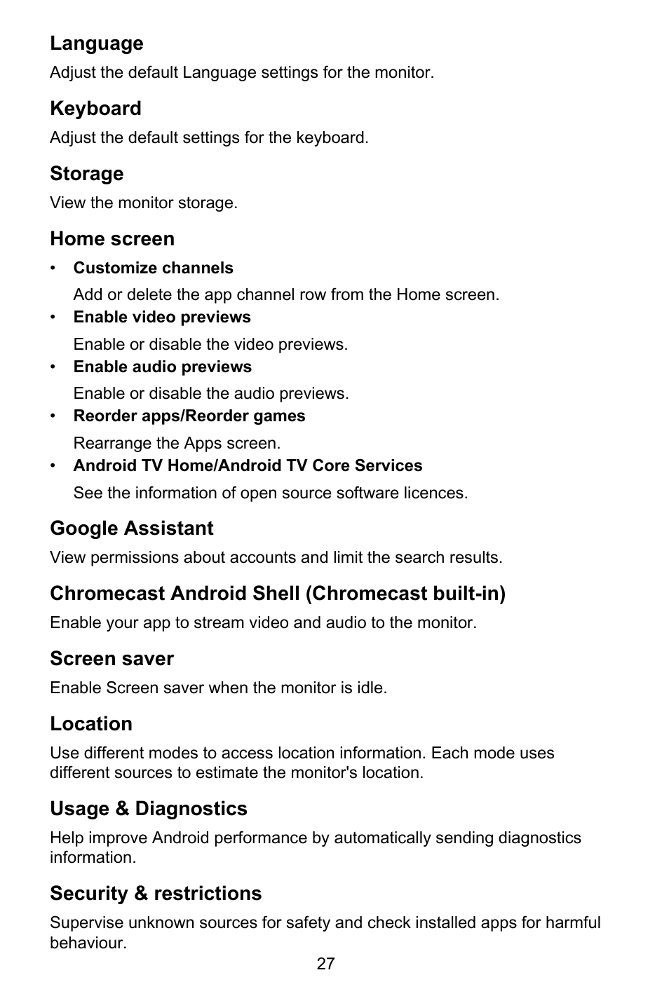 Language, Keyboard, Storage | Home screen, Google assistant, Chromecast android shell (chromecast built-in), Screen saver, Location, Usage & diagnostics, Security & restrictions | GIGABYTE S55U 54.6" 3840 x 2160 HDR 120 Hz Gaming Monitor User Manual | Page 28 / 46