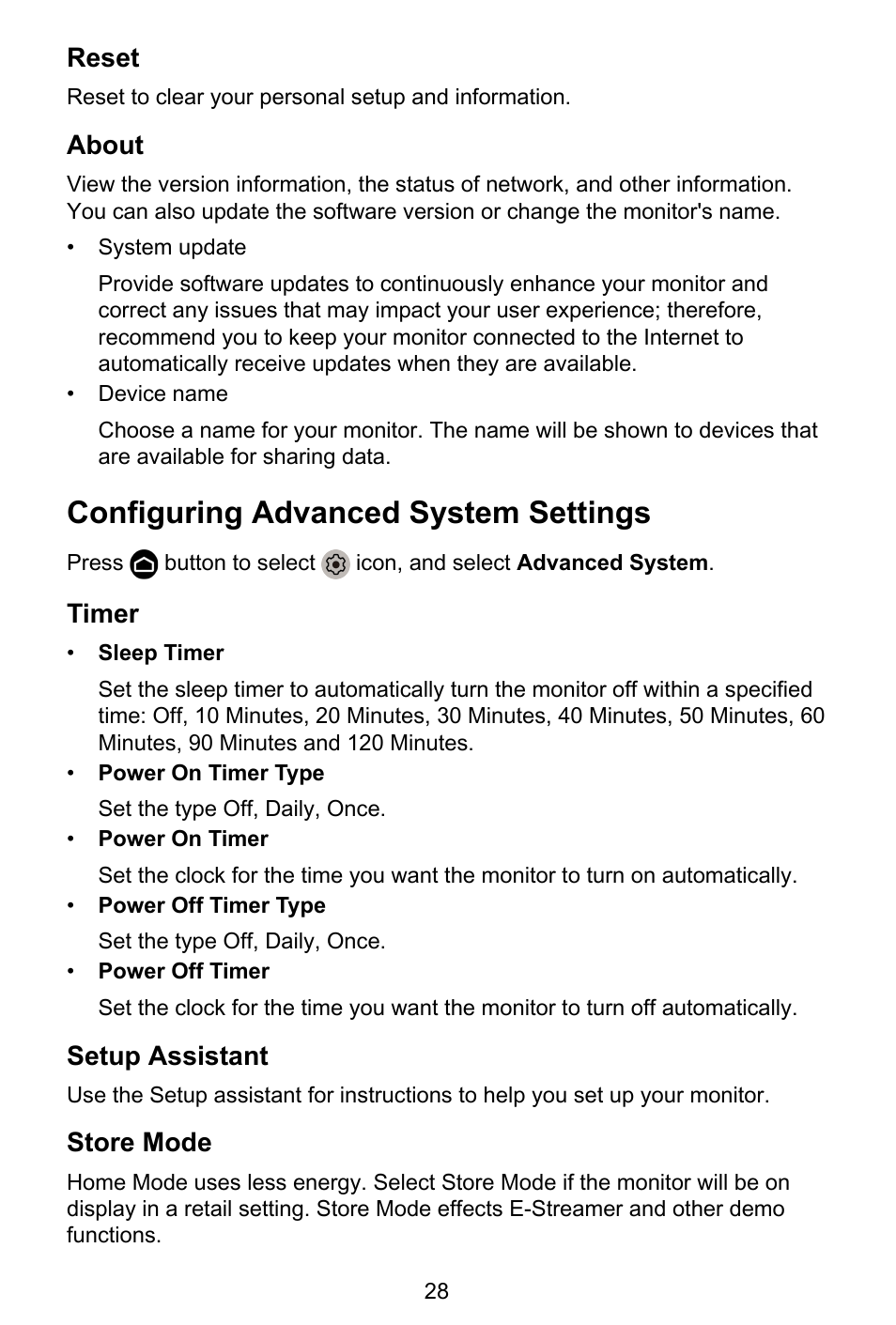 Reset, About, Configuring advanced system settings | Timer, Setup assistant, Store mode | GIGABYTE S55U 54.6" 3840 x 2160 HDR 120 Hz Gaming Monitor User Manual | Page 29 / 46