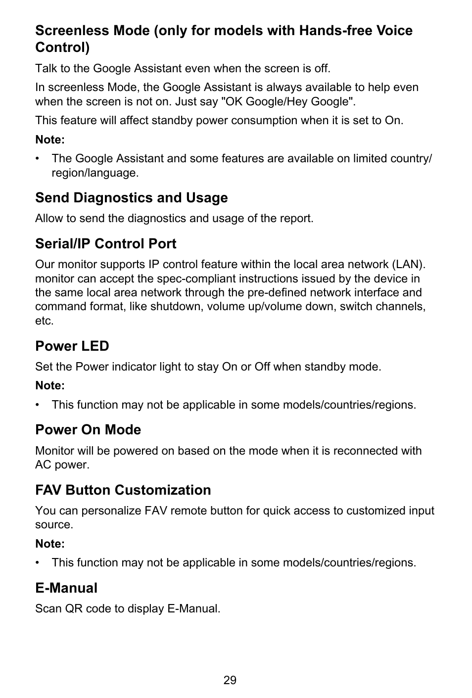 Send diagnostics and usage, Serial/ip control port, Power led | Power on mode, Fav button customization, E-manual | GIGABYTE S55U 54.6" 3840 x 2160 HDR 120 Hz Gaming Monitor User Manual | Page 30 / 46